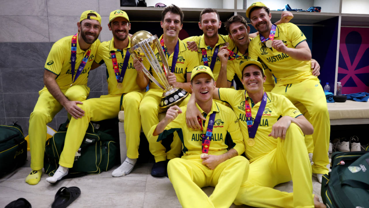 Australia's players kick back in the dressing room with their spoils, India vs Australia, Men's ODI World Cup final, Ahmedabad, November 19, 2023