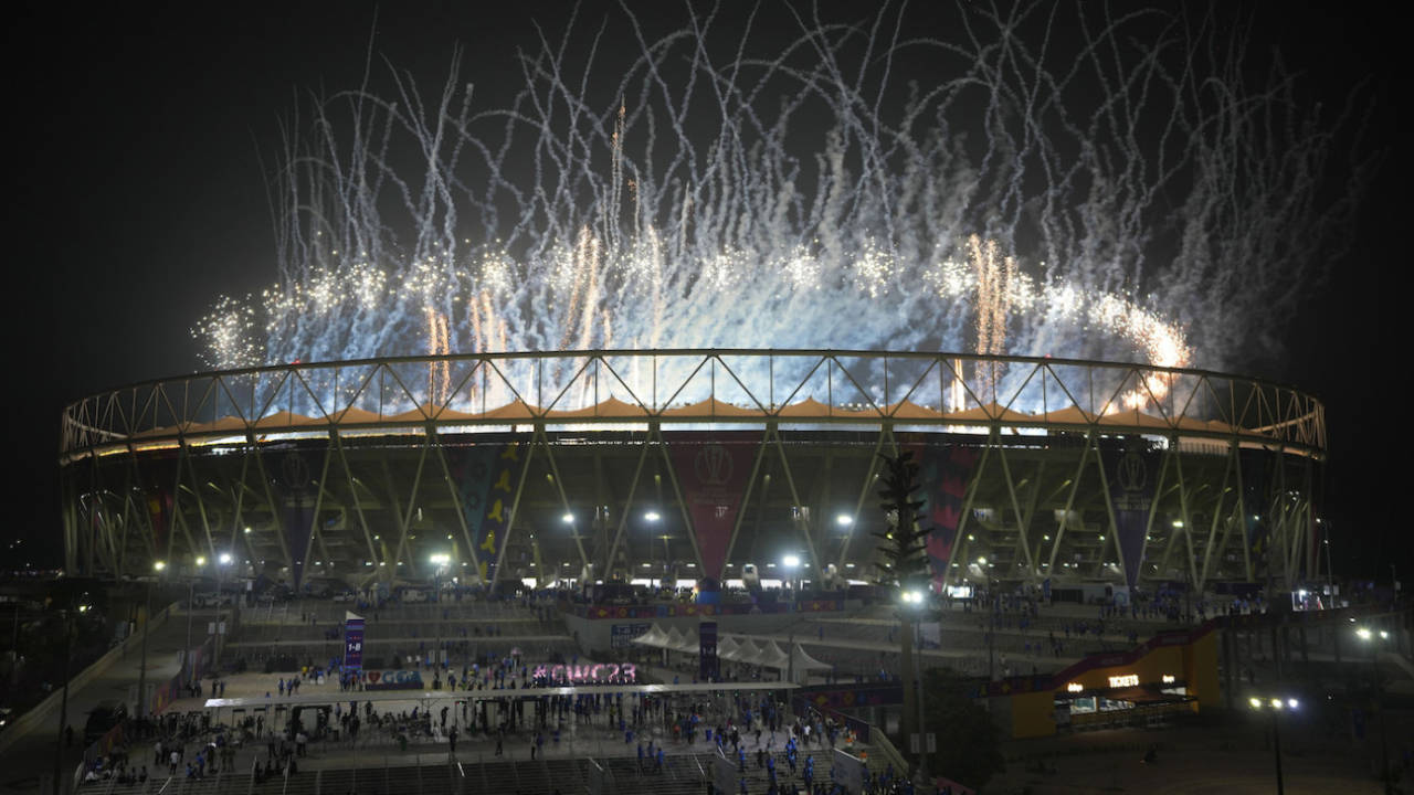 Fireworks go off at the Narendra Modi Stadium as Australia won the World Cup, India vs Australia, Men's ODI World Cup final, Ahmedabad, November 19, 2023