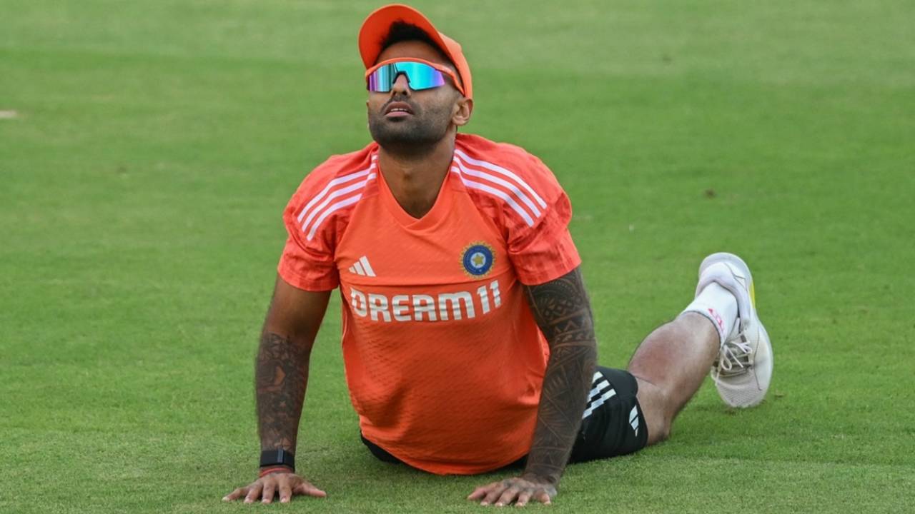 Suryakumar Yadav stretches during training, Thiruvananthapuram, November 25, 2023