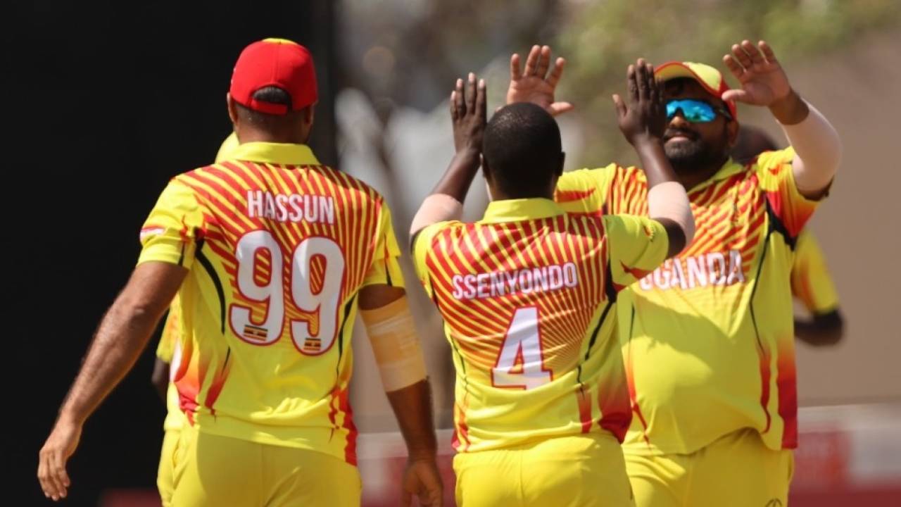 The Uganda players celebrate a wicket during their crushing win over Rwanda, Rwanda vs Uganda, ICC Men's T20 World Cup Africa Region Qualifier, Windhoek, November 30, 2023