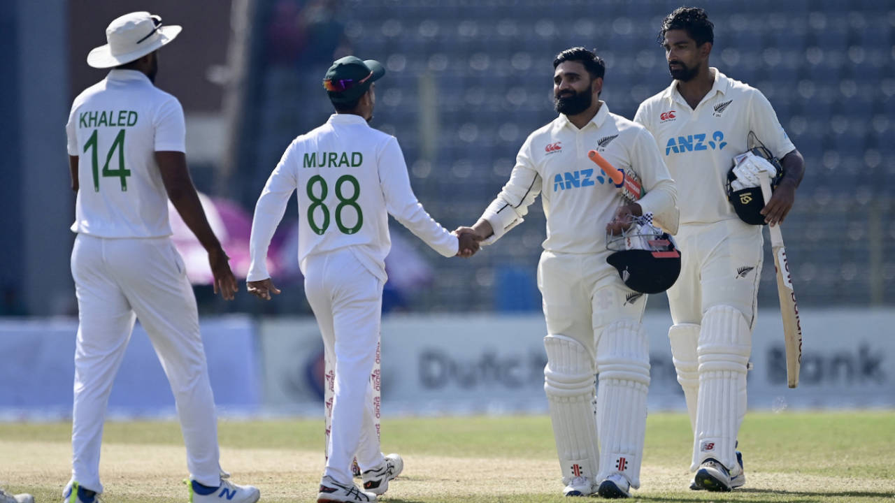 Ajaz Patel and Ish Sodhi shake hands with Hasan Murad and Khaled Ahmed after the game, Bangladesh vs New Zealand, 1st Test, fifth day, Sylhet, December 2, 2023
