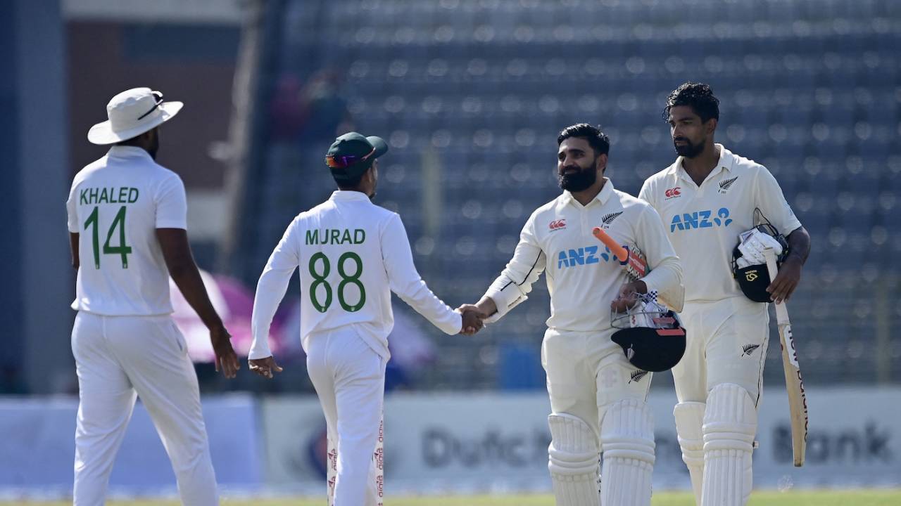 Ajaz Patel and Ish Sodhi shake hands with Hasan Murad and Khaled Ahmed after the game, Bangladesh vs New Zealand, 1st Test, fifth day, Sylhet, December 2, 2023