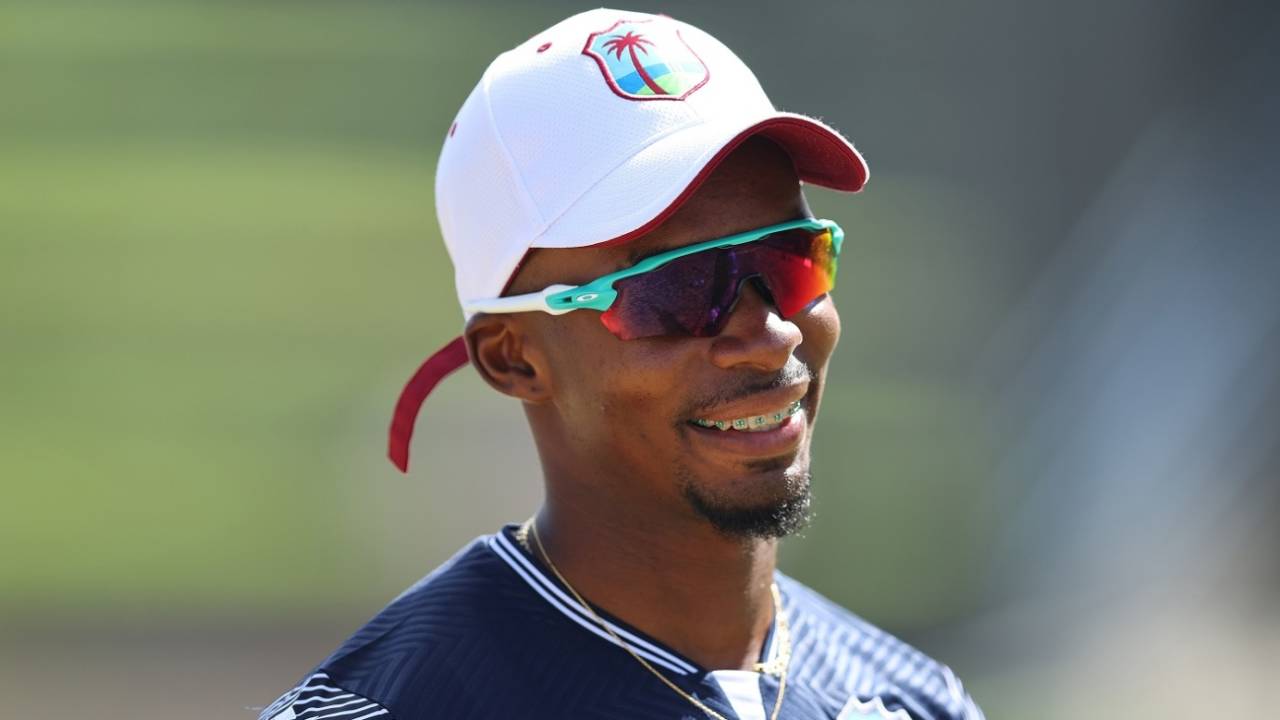 Alick Athanaze finds a reason to smile during West Indies' training session, North Sound, December 2, 2023