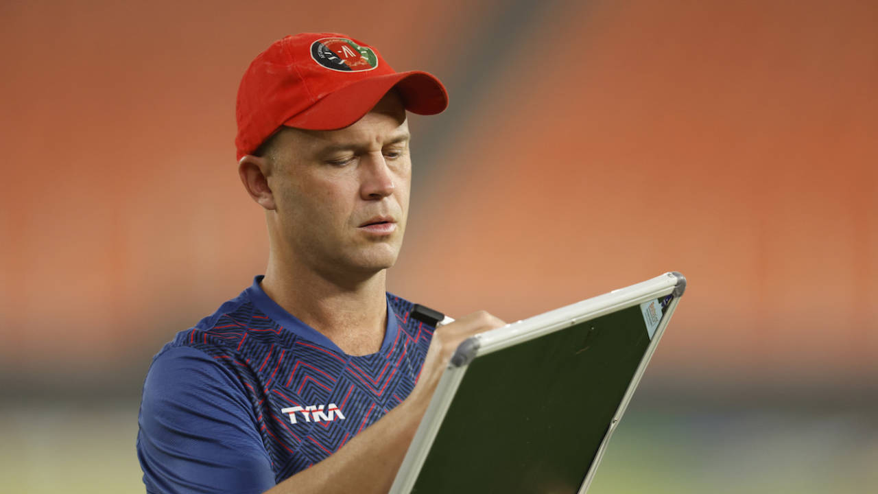 Jonathan Trott writes on a whiteboard at a training session the day before the game, Afghanistan vs South Africa, World Cup, Ahmedabad, November 9, 2023