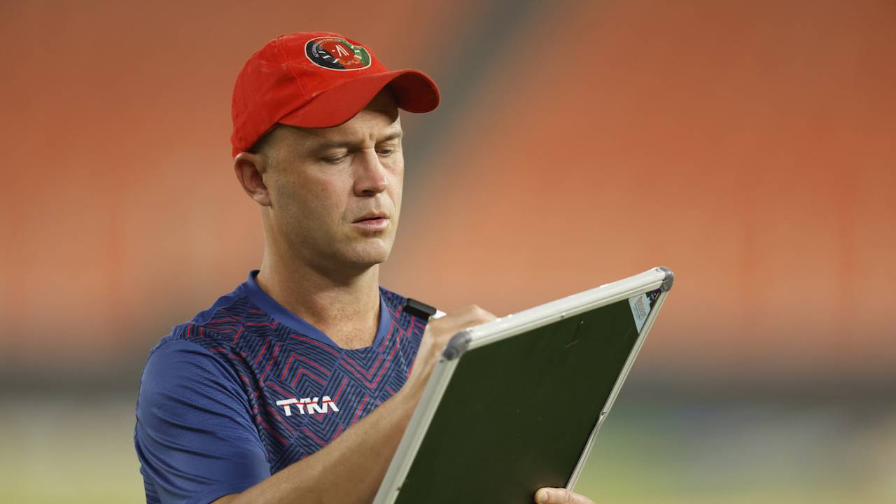 Jonathan Trott writes on a whiteboard at a training session the day before the game, Afghanistan vs South Africa, World Cup, Ahmedabad, November 9, 2023