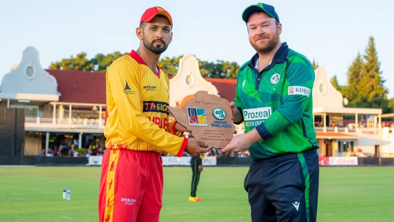 Captains Sikandar Raza and Paul Stirling pose with a memento, Zimbabwe vs Ireland, 1st T20I, Harare, December 7, 2023