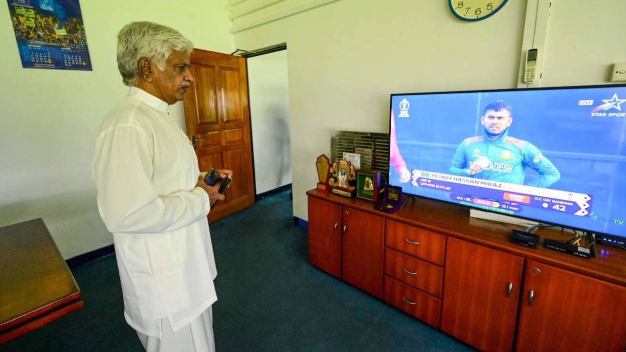 Interim cricket board chairman Arjuna Ranatunga watches the 2023 World Cup match between Sri Lanka and Bangladesh at the SLC office, Colombo, November 6, 2023. 