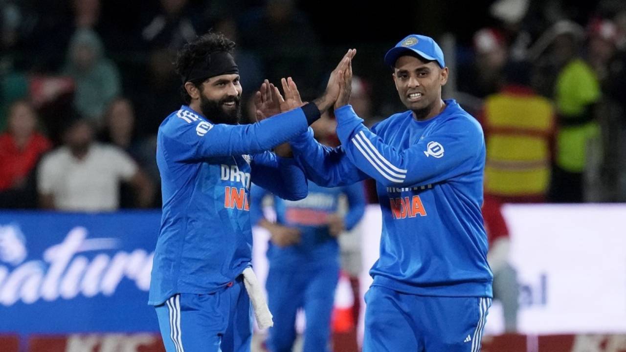 Suryakumar Yadav and Ravindra Jadeja celebrate the run-out of Matthew Breetzke 
, South Africa vs India, 2nd T20I, Gqeberha, December 12, 2023