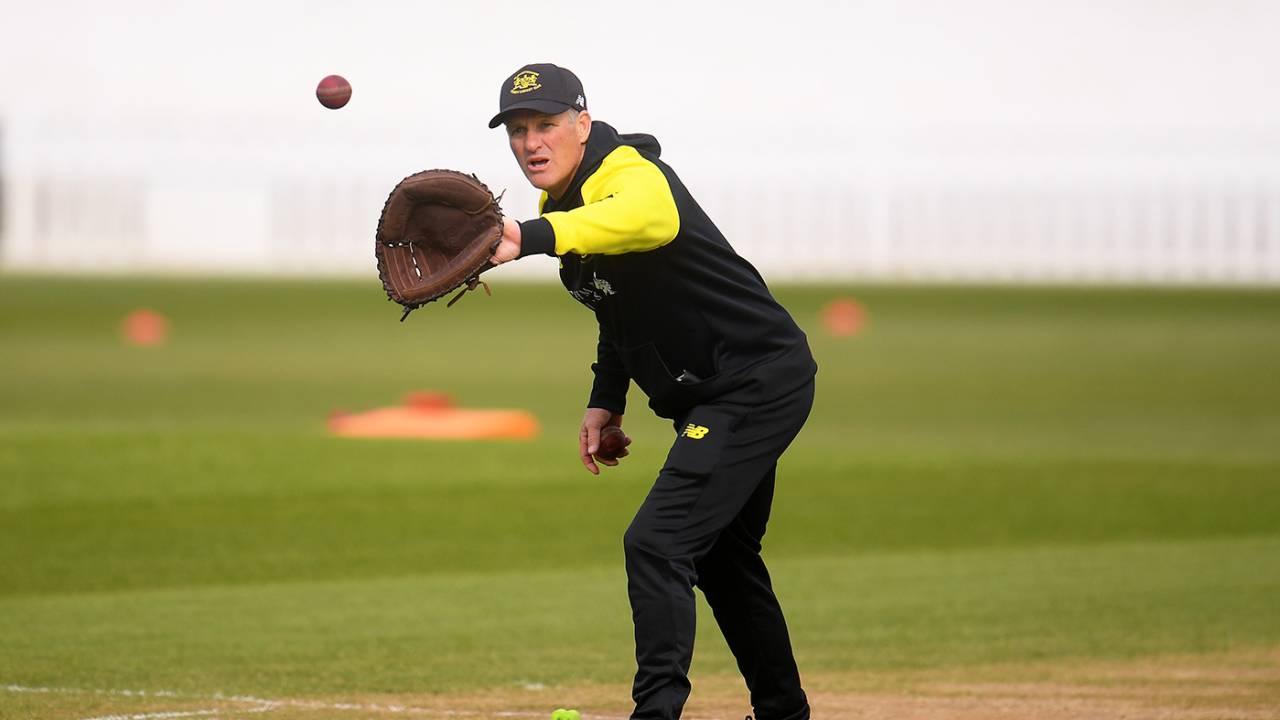 Dale Benkenstein, Gloucestershire coach, warms up, Somerset vs Gloucestershire, pre-season friendly, day three, Taunton, March 28, 2022