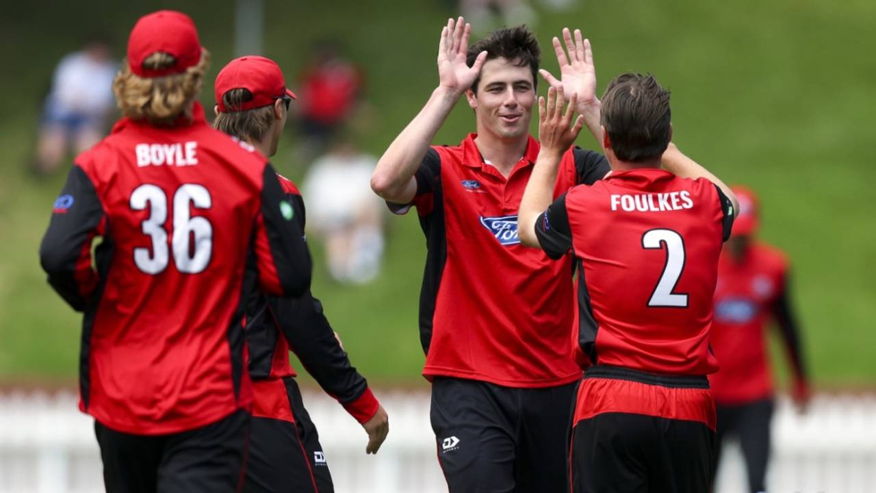 Will O'Rourke celebrates a wicket, Wellington vs Canterbury, Ford Trophy, Wellington, December 7, 2023