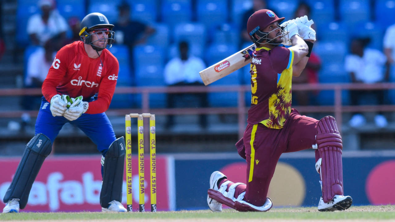 Brandon King launches another six in his forceful innings, West Indies vs England, 2nd T20I, Grenada, December 14, 2023