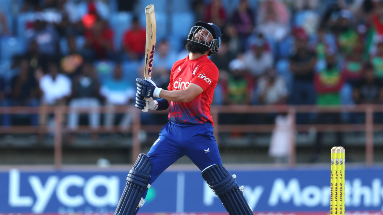 Moeen Ali reacts in frustration as the second T20I slips away, West Indies vs England, 2nd T20I, Grenada, December 14, 2023