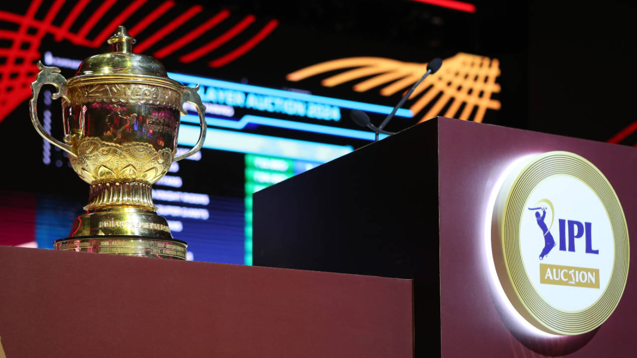 The IPL trophy on show at the IPL 2024 auction, Dubai, December 19, 2023