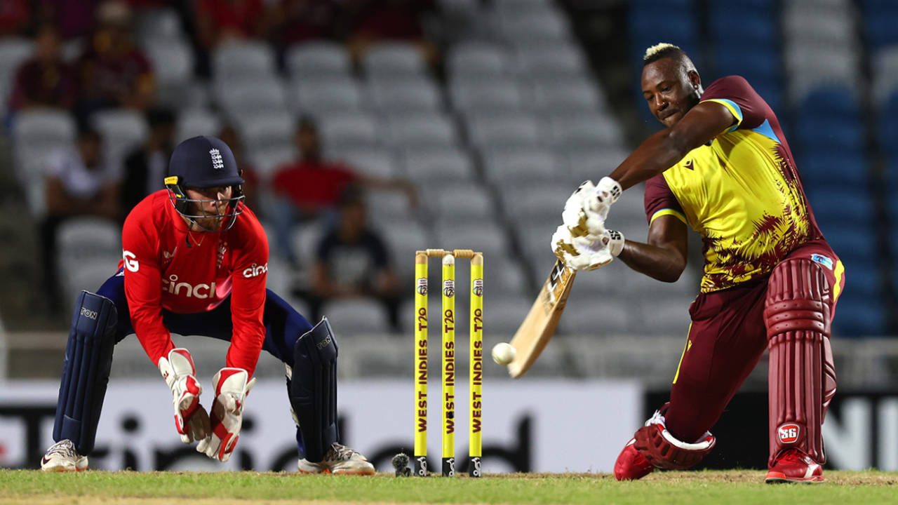 Andre Russell struck a 24-ball fifty, West Indies vs England, 4th men's T20I, Brian Lara Cricket Academy, Tarouba, Trinidad, December 19, 2023
