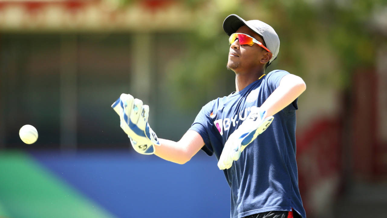 Kumar Kushagra takes part in wicketkeeping drills during a nets session, Under-19 World Cup, Bloemfontein, January 23, 2020