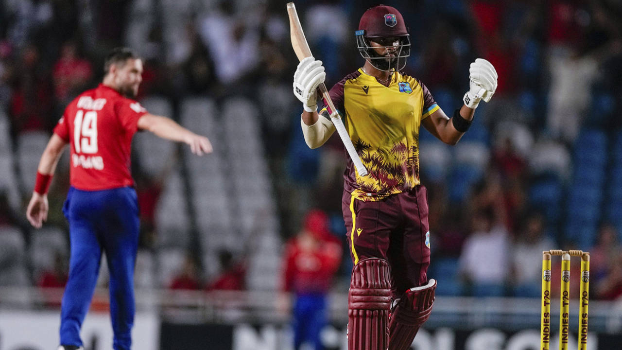 Shai Hope finished the game with a six, West Indies vs England, 5th men's T20I, Brian Lara Cricket Academy, Tarouba, Trinidad, December 21, 2023