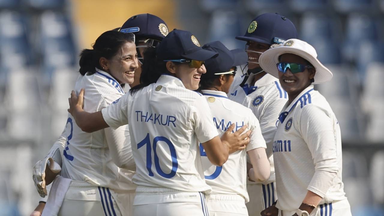 Sneh Rana picked up for wickets in the third innings to wrap Australia up for 261, India vs Australia, only women's Test, 4th day, Mumbai, December 24, 2023