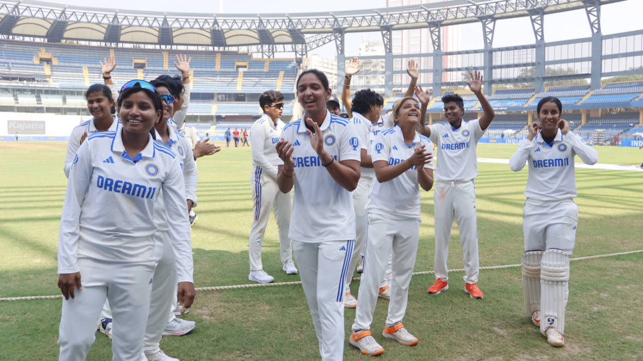 Harmanpreet Kaur leads India's celebrations after the historic win, India vs Australia, only women's Test, Mumbai, 4th day, December 24, 2023