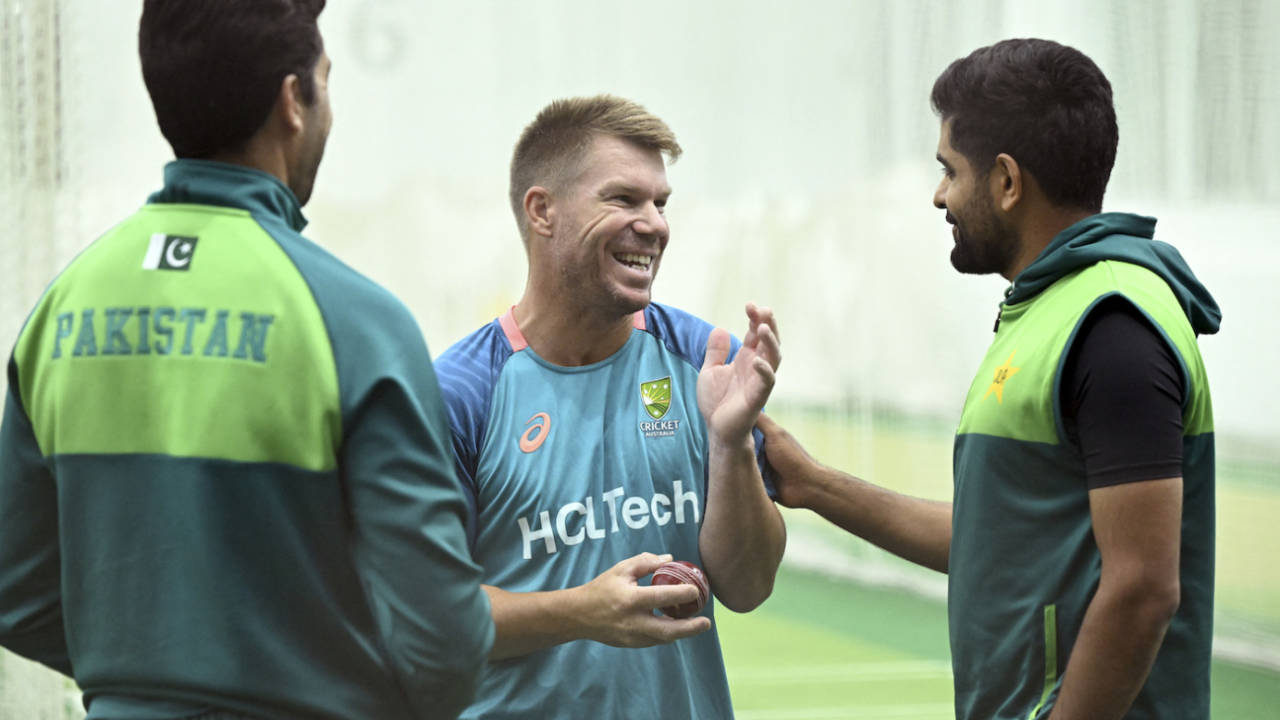 Umar Gul, David Warner and Babar Azam share a light moment in the nets, Melbourne, December 25, 2023