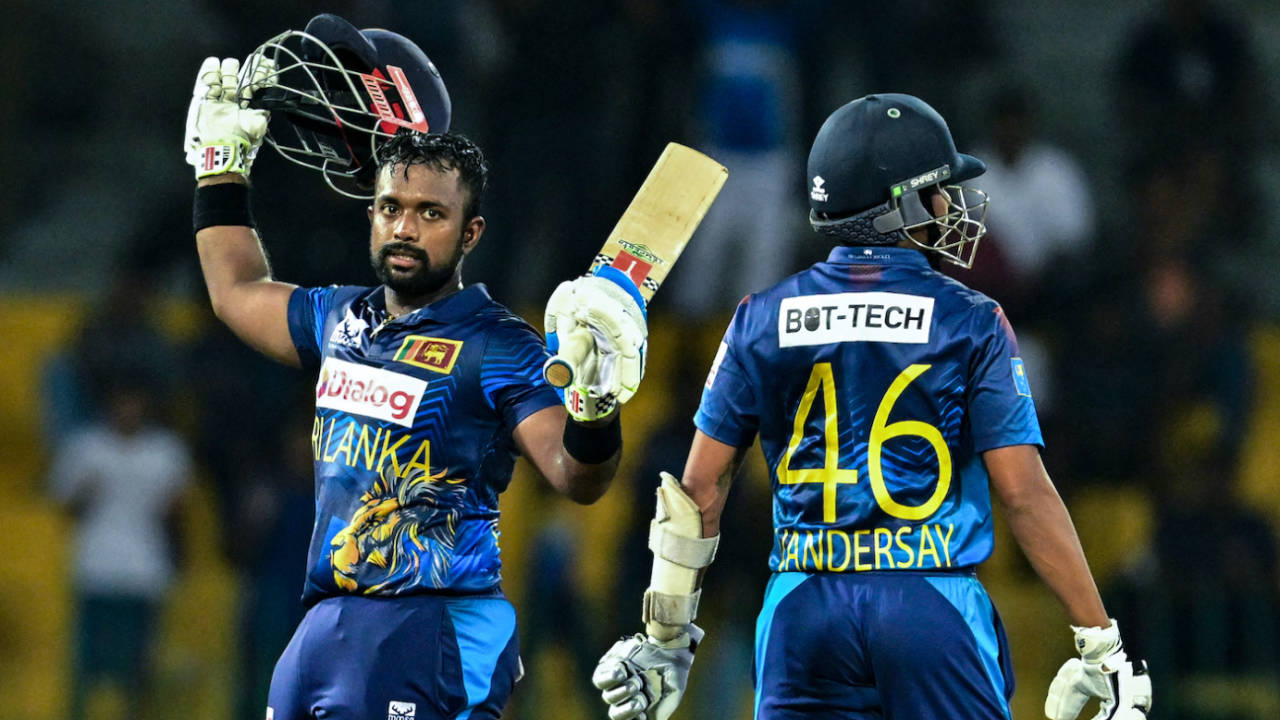 Charith Asalanka brought up his century in the 49th over&nbsp;&nbsp;&bull;&nbsp;&nbsp;AFP/Getty Images