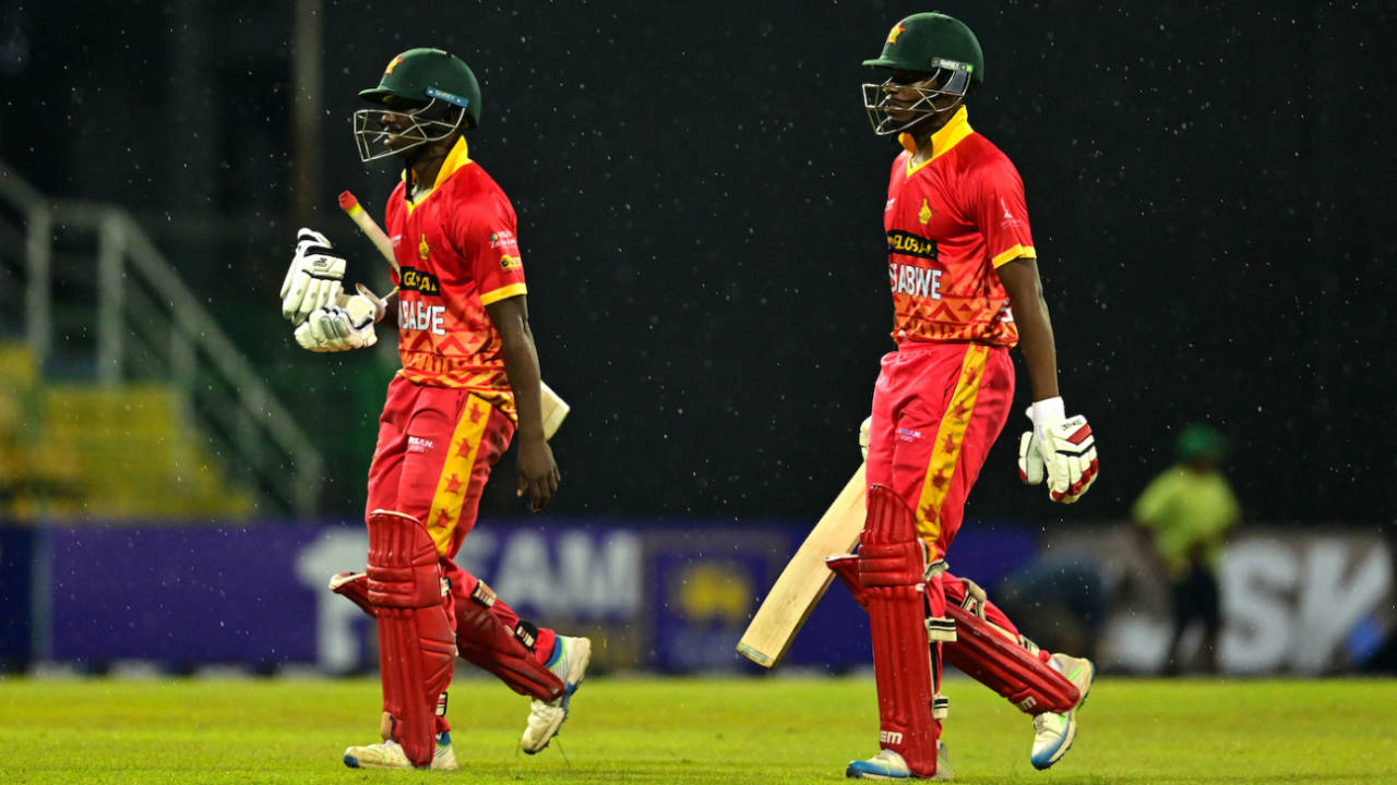 Takudzwanashe Kaitano and Milton Shumba walk back due to a rain interruption, Sri Lanka vs Zimbabwe, 1st ODI, Colombo, January 6, 2024