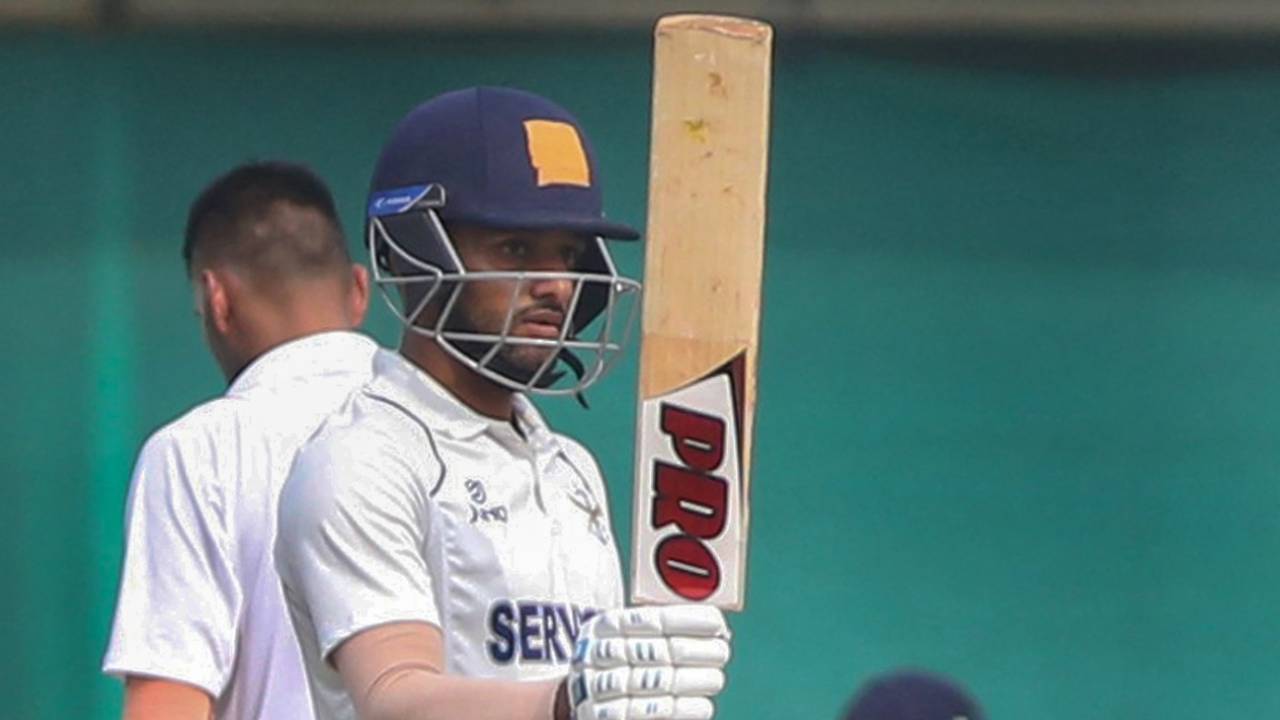 Services' Shubham Rohilla raises his bat after reaching a half-century, Vidarbha vs Services, Nagpur, 3rd day, Ranji Trophy, January 7, 2024
