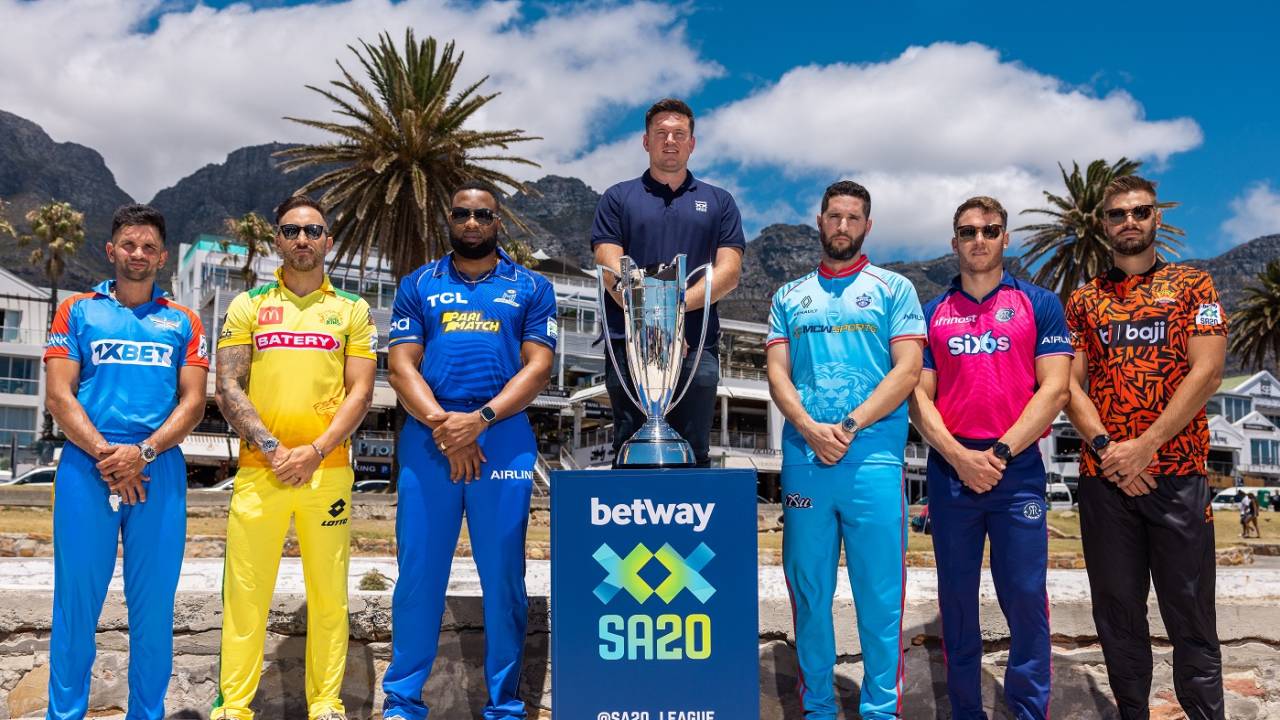 The six SA20 team captains and league commissioner Graeme Smith pose with the trophy, Cape Town, January 9, 2024