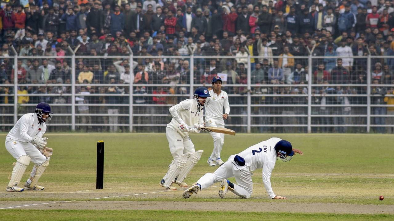 Bihar's Sharman Nigrodh works one on the leg side, Bihar vs Mumbai, Ranji Trophy, Patna, 3rd day, January 7, 2024