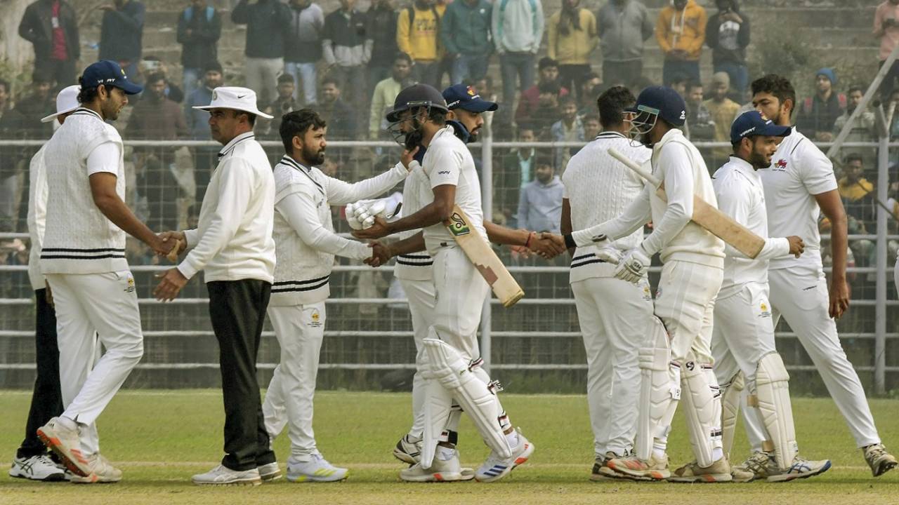 The Mumbai players shake hands with the Bihar batters and the umpires after the match, Bihar vs Mumbai, Ranji Trophy, Patna, 4th day, January 8, 2024