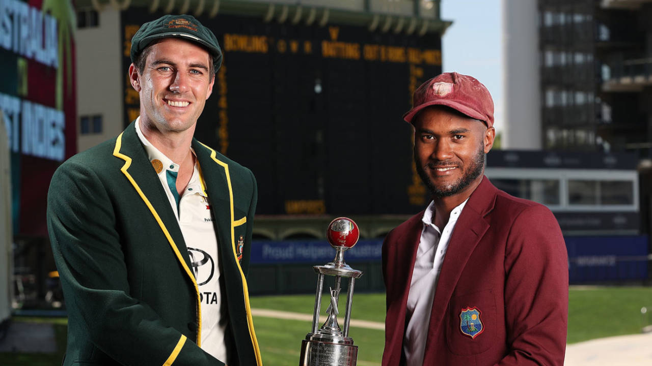 Pat Cummins and Kraigg Brathwaite with the Frank Worrell Trophy, Adelaide, January 16, 2024