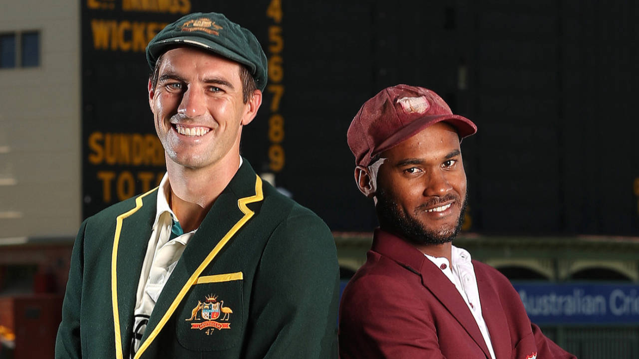 Pat Cummins and Kraigg Brathwaite pose together at the trophy launch, Australia vs West Indies, 1st Test, Adelaide, January 16, 2024