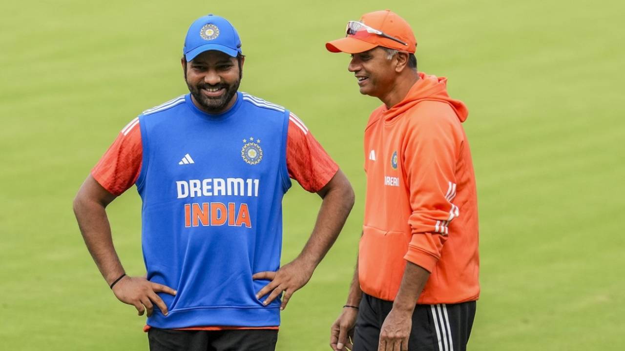 Rohit Sharma and Rahul Dravid share a joke at India's training session, Bengaluru, January 16, 2024