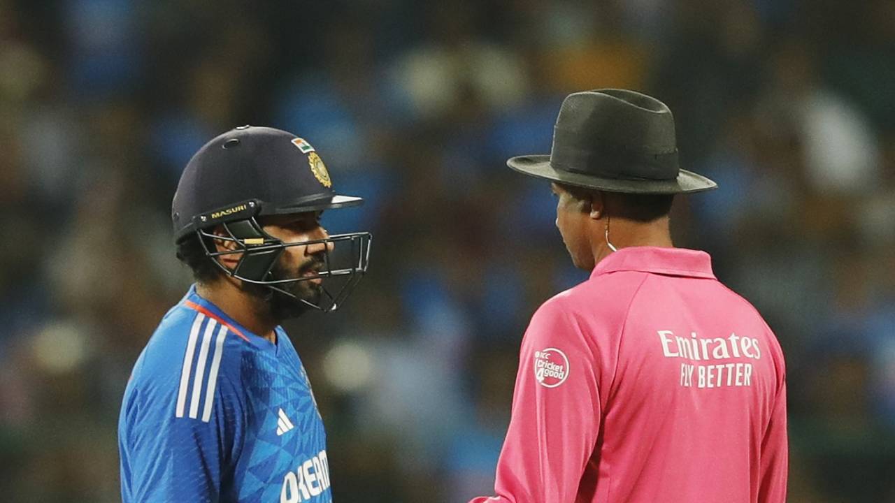 Rohit Sharma has a chat with umpire J Madanagopal, India vs Afghanistan, 3rd T20I, Bengaluru, January 17, 2024