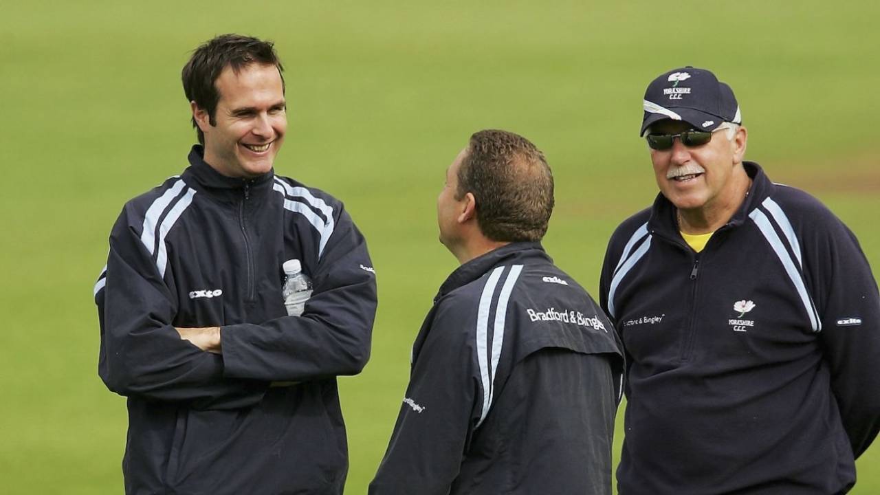 Michael Vaughan, Kevin Sharp and Steve Oldham (from left) chat ahead of the game, Yorkshire vs Lancashire, County Championship Headingley, May 16, 2006 