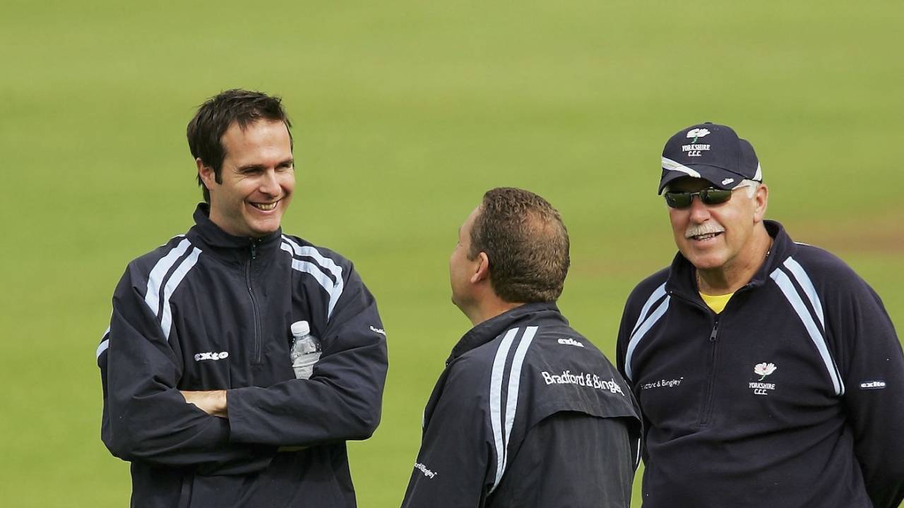Michael Vaughan, Kevin Sharp and Steve Oldham (from left) chat ahead of the game, Yorkshire vs Lancashire, County Championship Headingley, May 16, 2006 