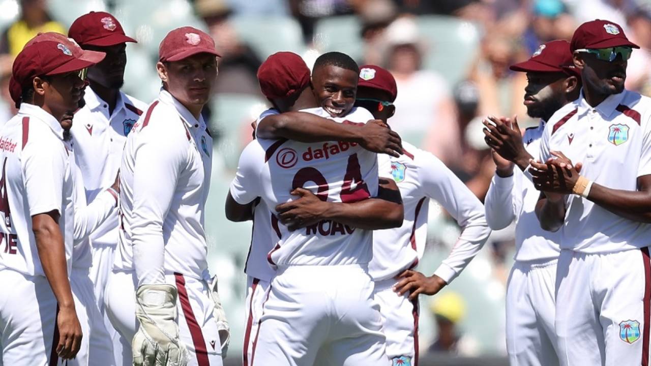 Shamar Joseph gets a bear hug from Kemar Roach after his five-wicket haul, Australia vs West Indies, 1st Test, Adelaide, 2nd day, January 18, 2024