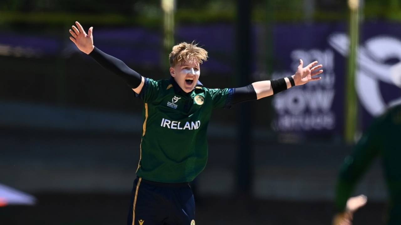 Olly Riley picked up three wickets inside the first ten overs, Ireland vs USA, Under-10 men's World Cup, Group A, Bloemfontein, January 19, 2024