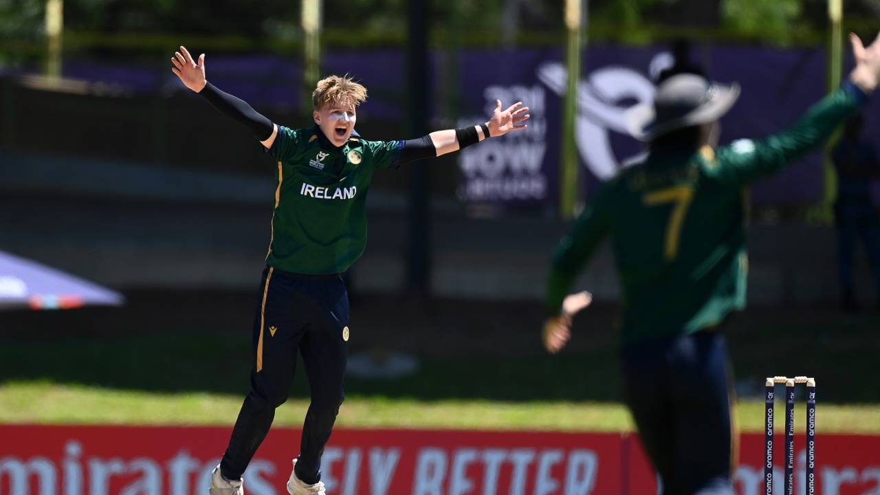Olly Riley picked up three wickets inside the first ten overs, Ireland vs USA, Under-10 men's World Cup, Group A, Bloemfontein, January 19, 2024