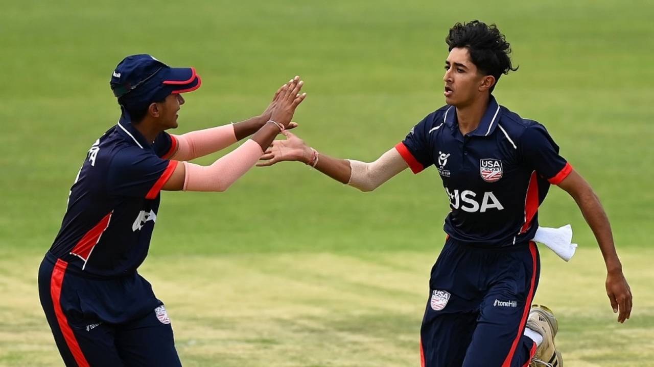Arya Garg celebrates a wicket, Ireland vs USA, Under-19 men's World Cup, Group A, Bloemfontein, January 19, 2024