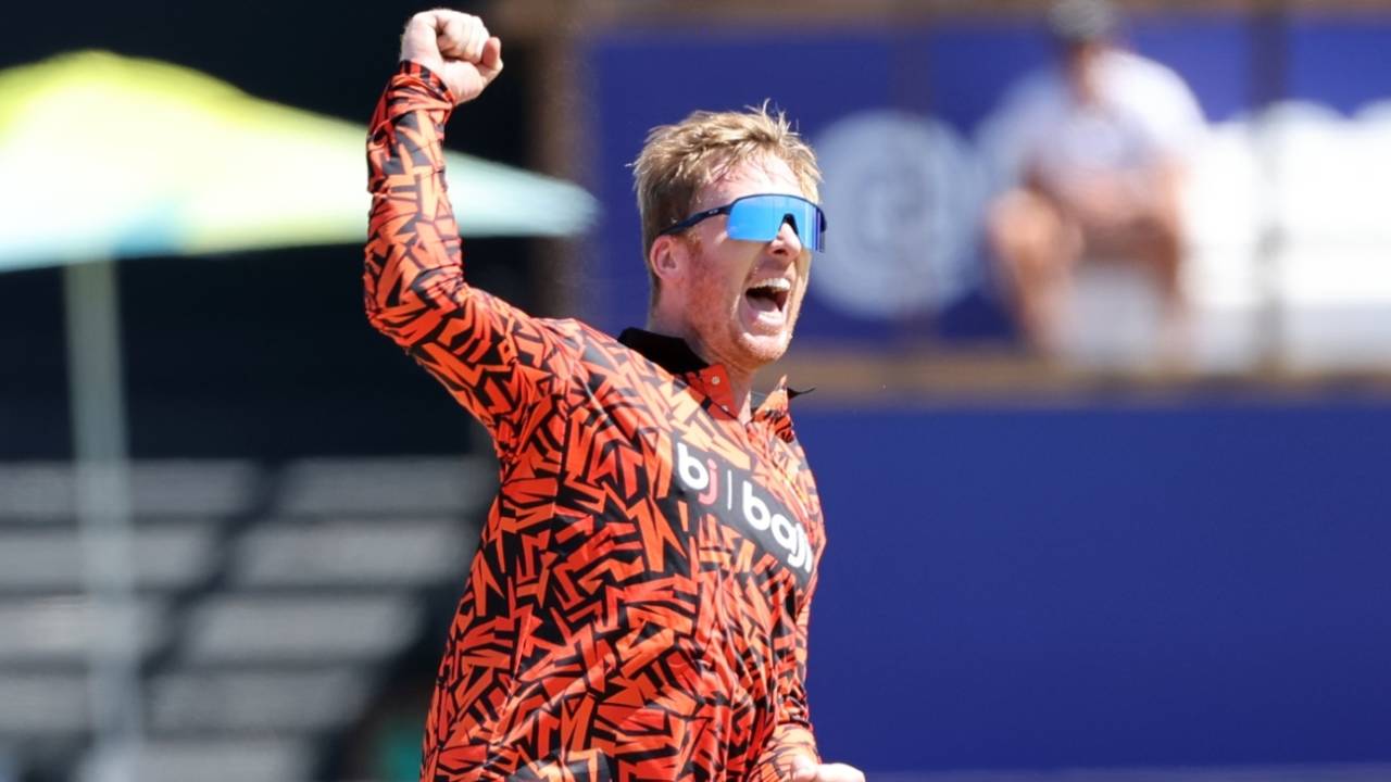 Simon Harmer celebrates dismissing Marcus Stoinis, Durban's Super Giants vs Sunrisers Eastern Cape, Durban, SA20, January 20, 2024