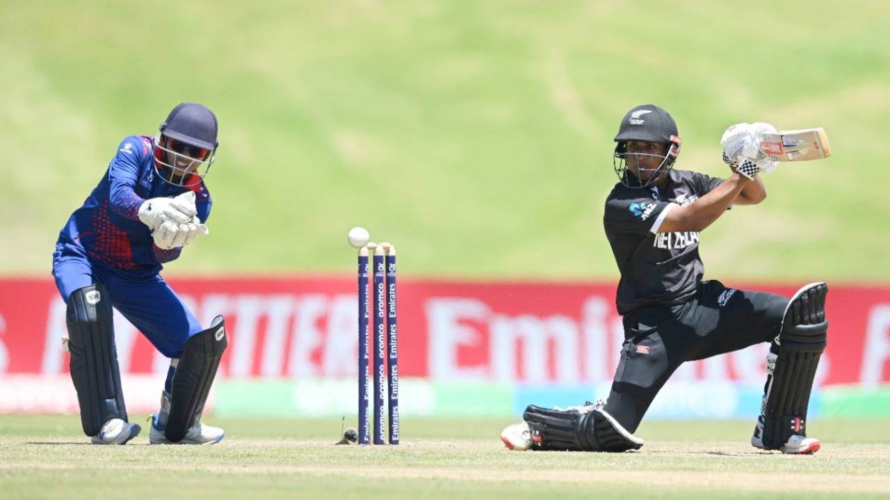 Snehith Reddy hits one through the off side, Nepal vs New Zealand, East London, Under-19 Men's World Cup, January 21, 2024
