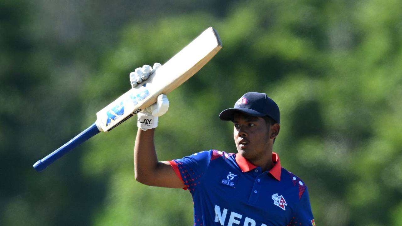Arjun Kumal celebrates his fifty, Nepal vs New Zealand, East London, Under-19 Men's World Cup, January 21, 2024
