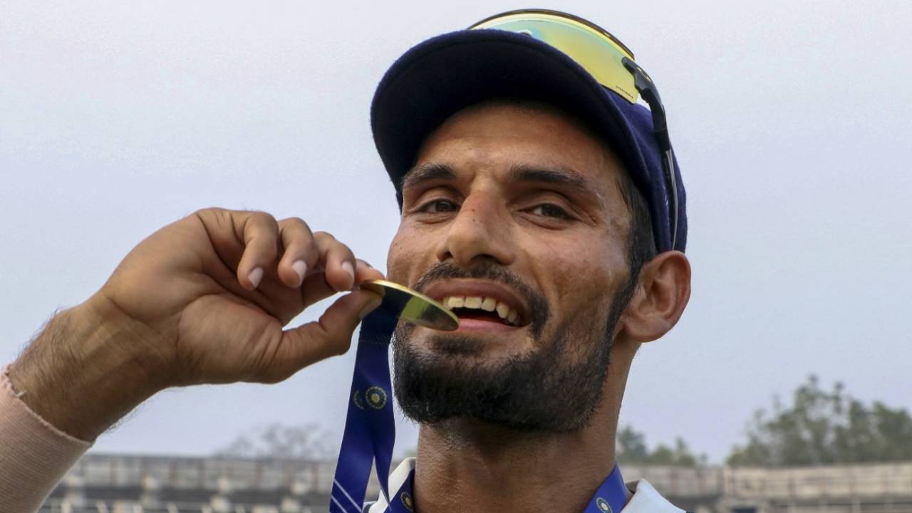 Saurashtra's Chirag Jani poses with his Player-of-the-Match medal, Vidarbha vs Saurashtra, Ranji Trophy, Elite Group A, Nagpur, January 21, 2024