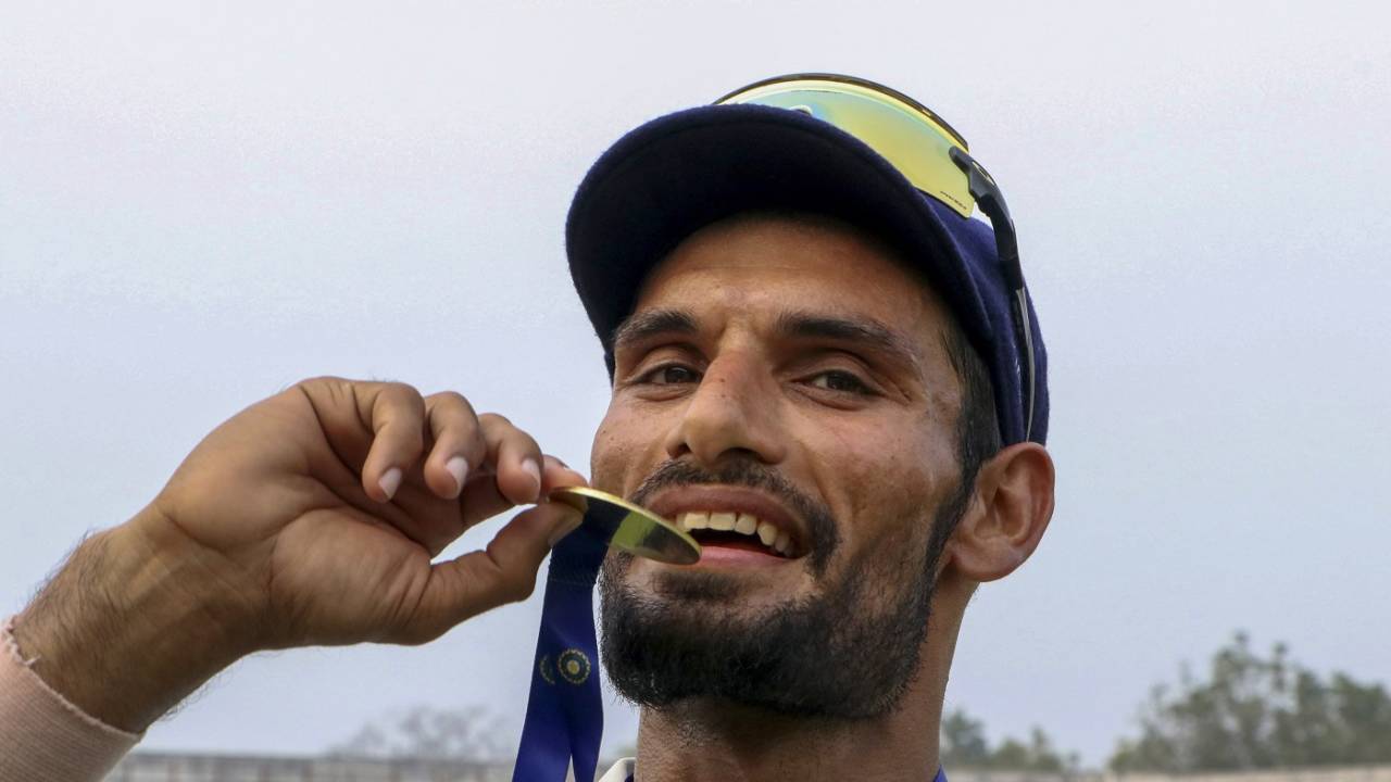 Saurashtra's Chirag Jani poses with his Player-of-the-Match medal