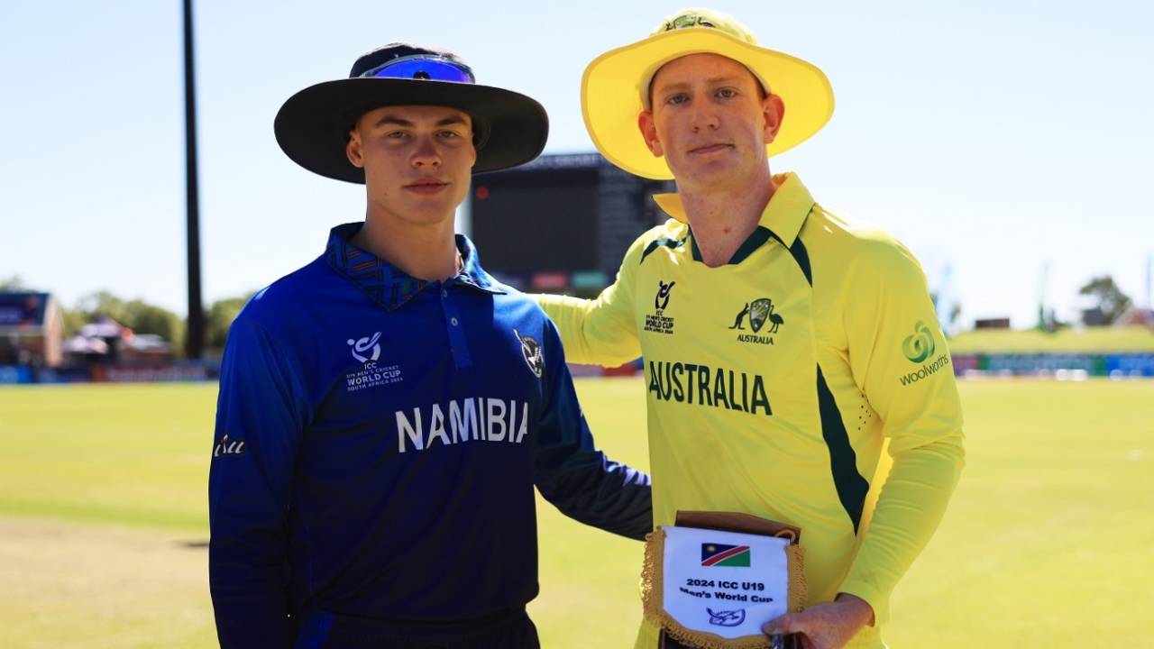 The two captains Alexander Busing-Volschenk and Hugh Weibgen at the toss, Australia vs Namibia, Under-19 World Cup, Kimberley, January 22, 2024