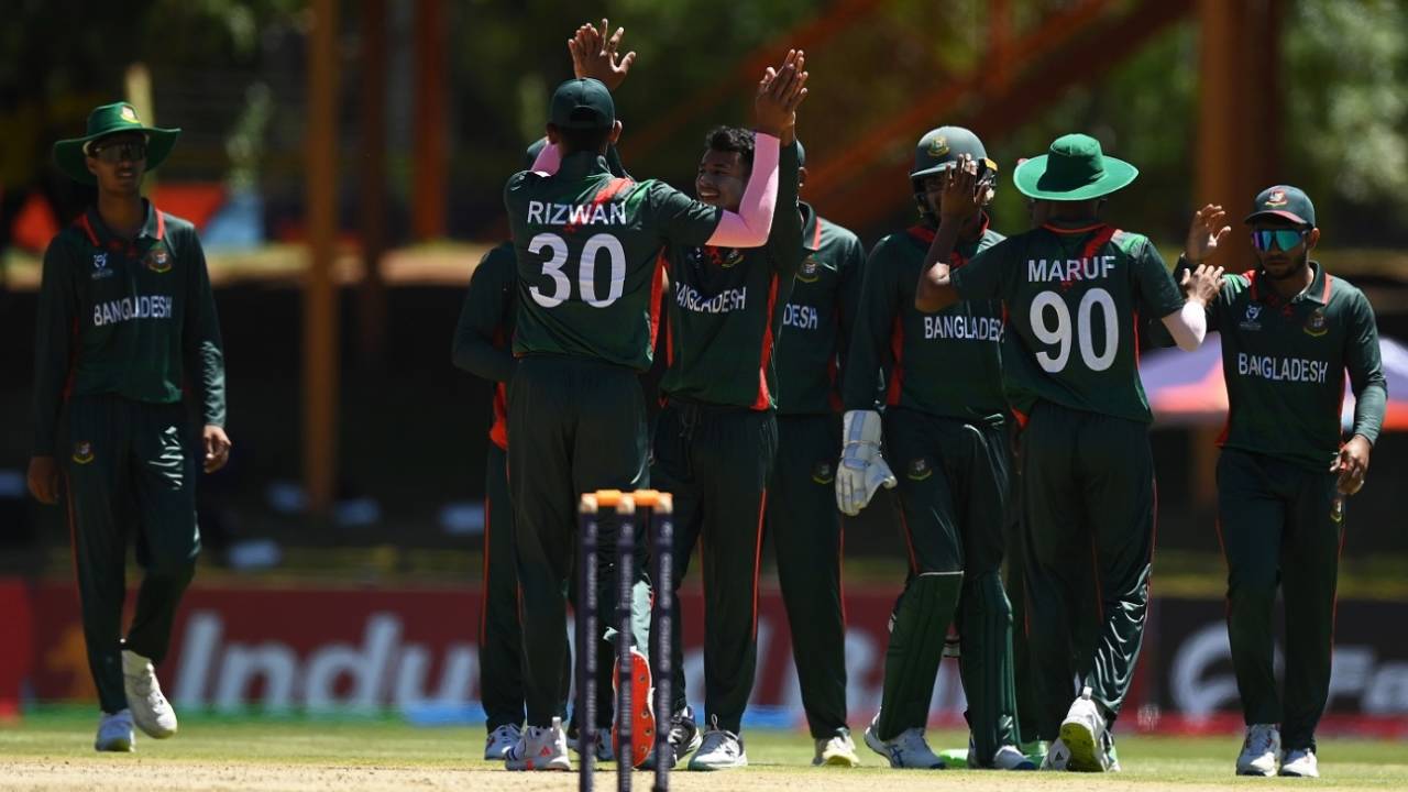 Sheikh Paevez Jibon celebrates a wicket, Bangladesh vs Ireland, Under-19 World Cup, Bloemfontein, January 22, 2024