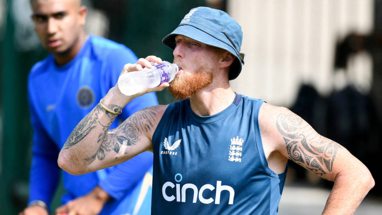 Ben Stokes has a drink during a net session ahead of the first Test against India, Hyderabad, January 23, 2023