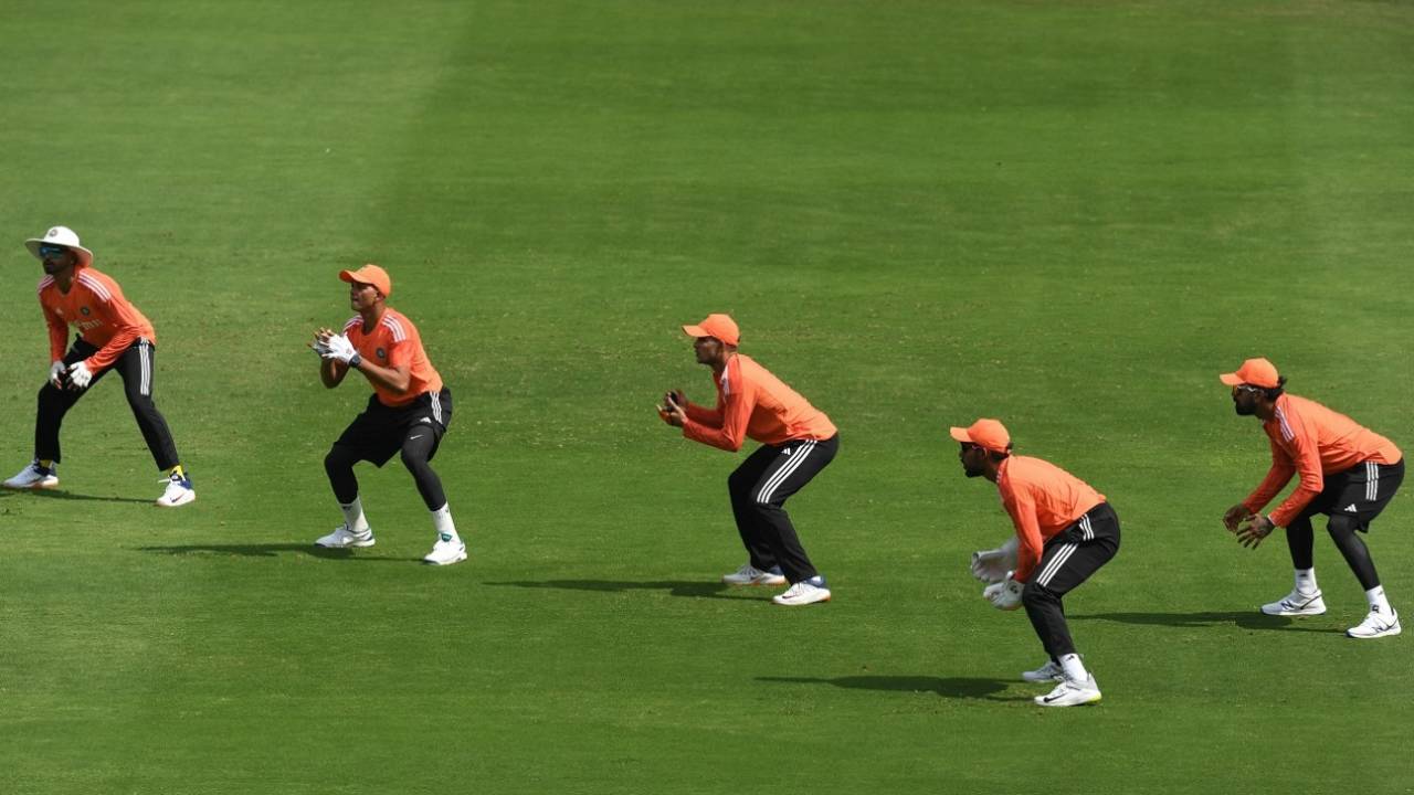 Shreyas Iyer, Yashasvi Jaiswal, Shubman Gill, KL Rahul train for the slip cordon with Dhruv Jurel with the gloves, India vs England, Hyderabad, January 23, 2024