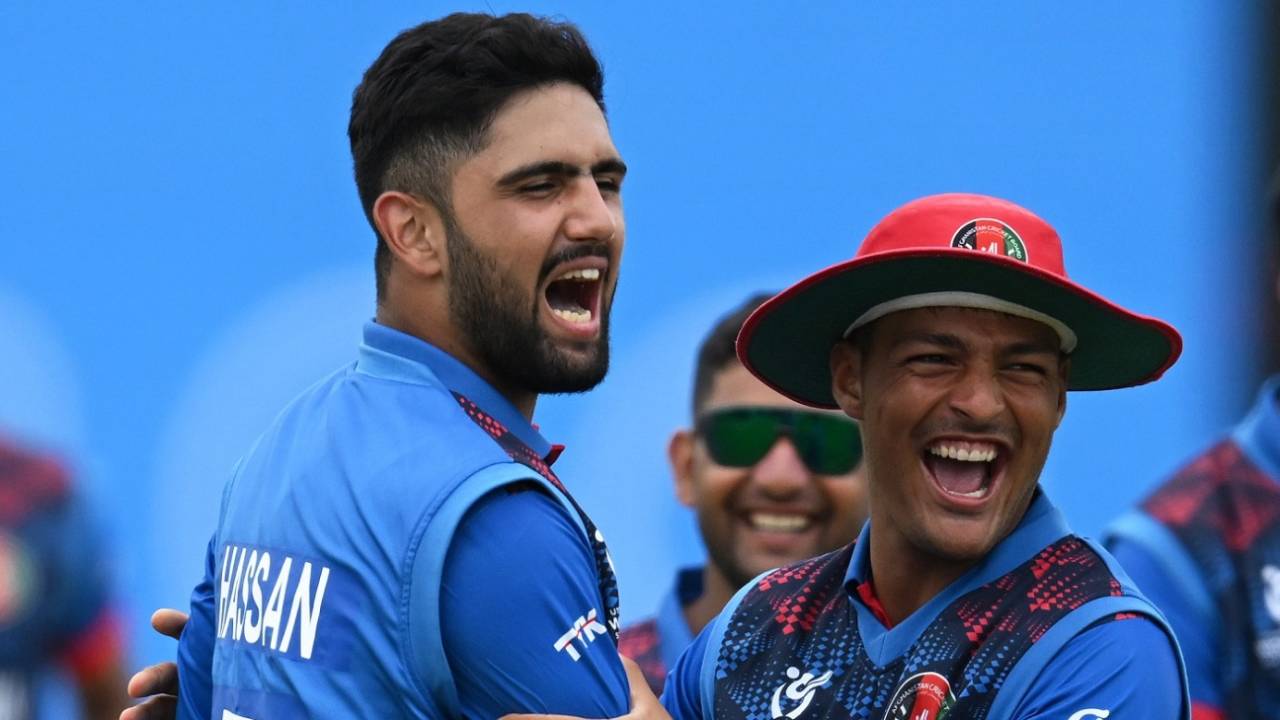 Hassan Eisakhil and Allah Mohammad Ghazanfar get together, New Zealand vs Afghanistan, Under-19 World Cup 2024, East London, January 23, 2024