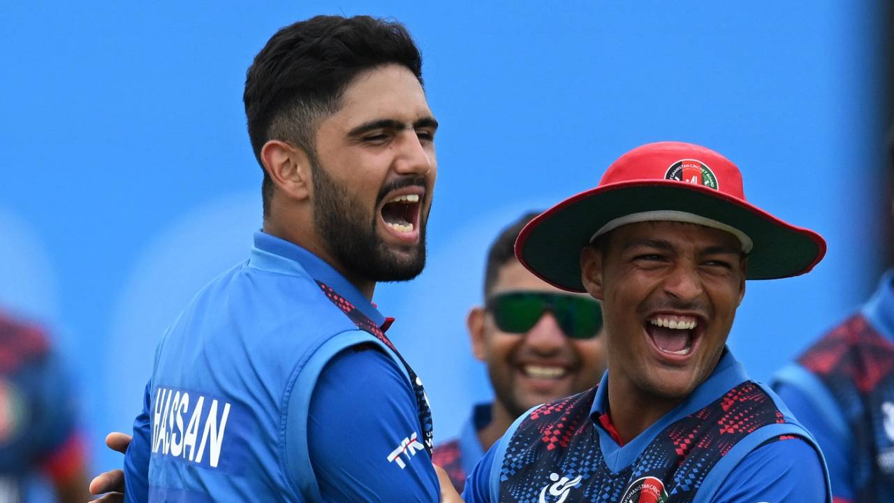 Hassan Eisakhil and Allah Mohammad Ghazanfar get together, New Zealand vs Afghanistan, Under-19 World Cup 2024, East London, January 23, 2024